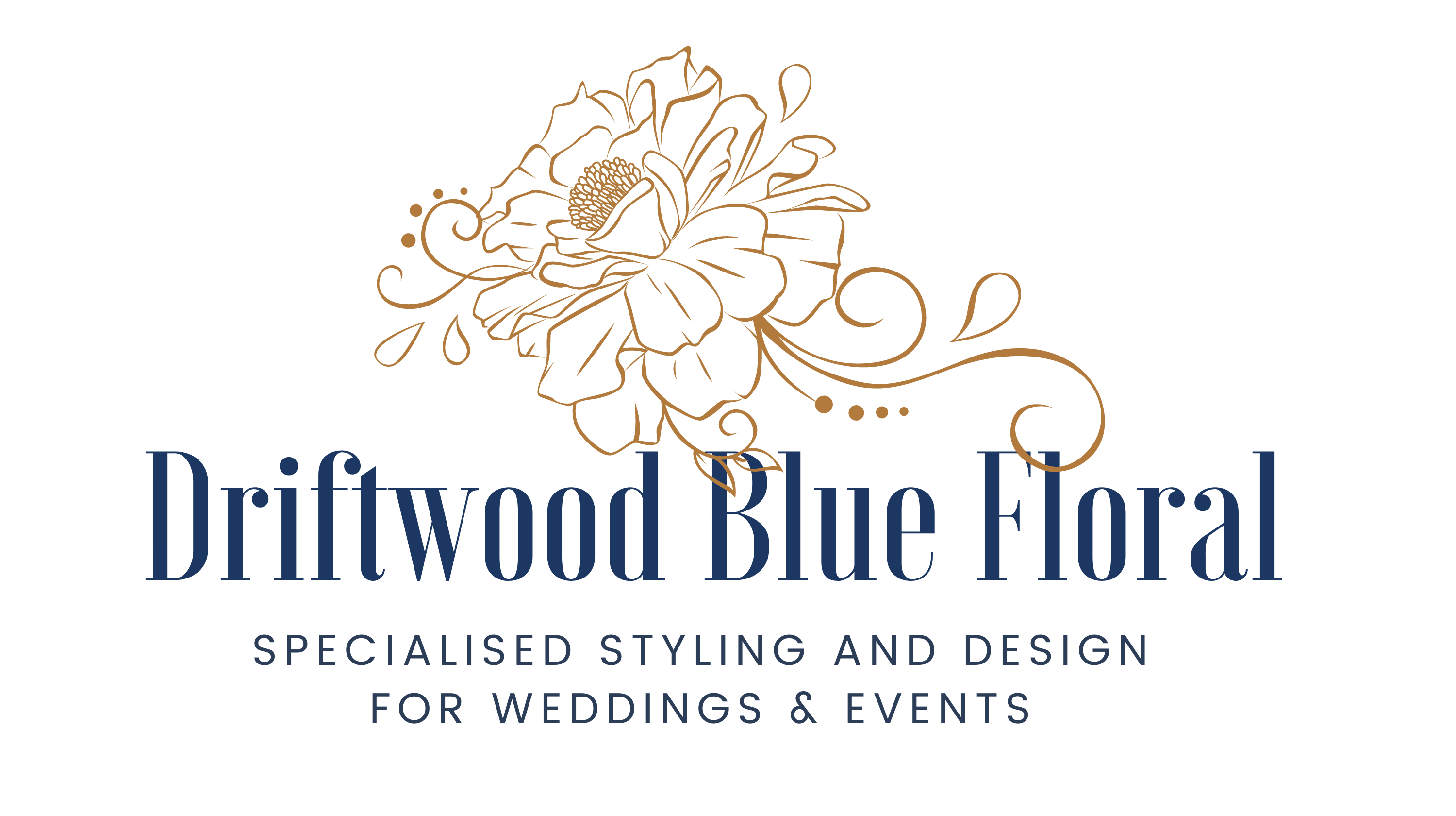 Driftwood Blue Floral logo with blue words and a graphic floral design describing their role as wedding stylist and event stylist