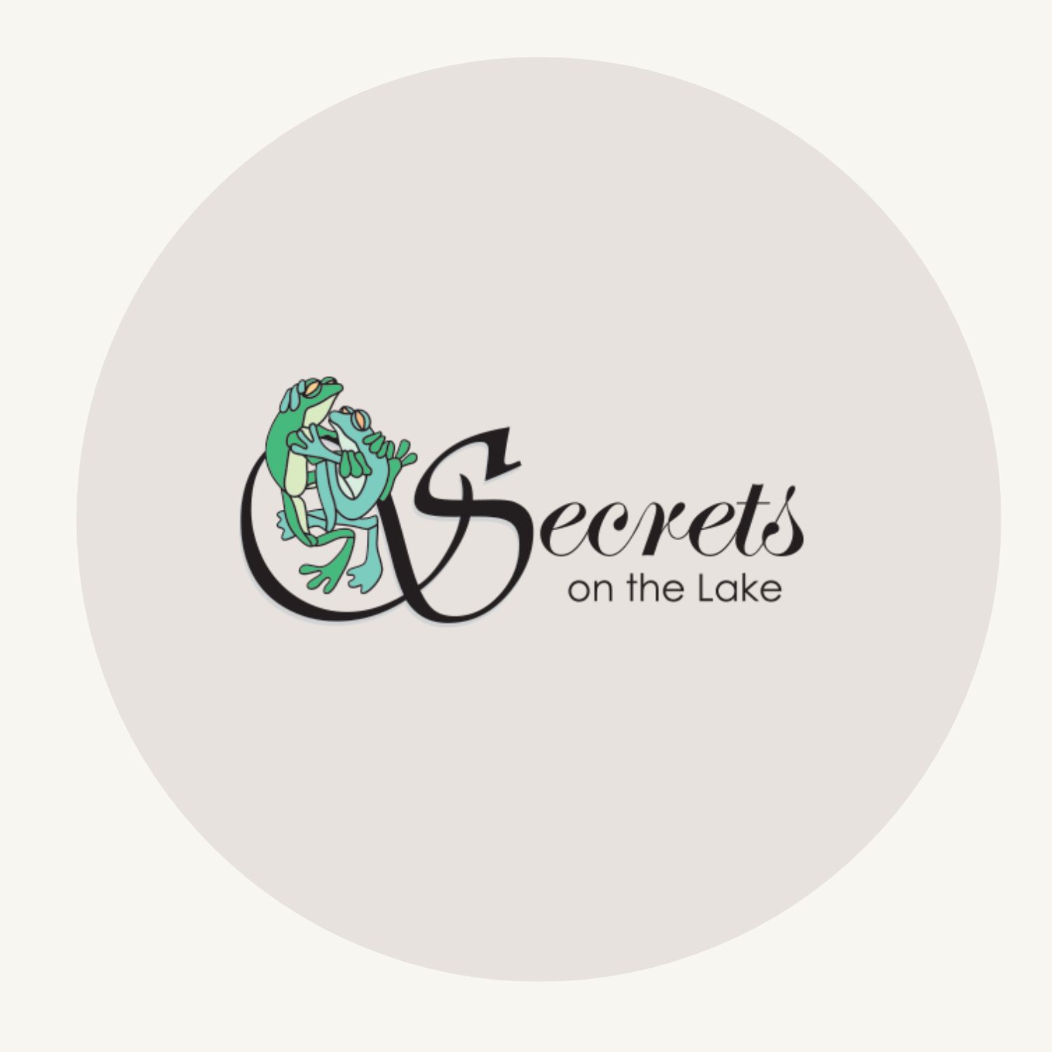 pink circle logo for Secrets with green detail a wedding venue that Driftwood Blue, wedding stylist, uses